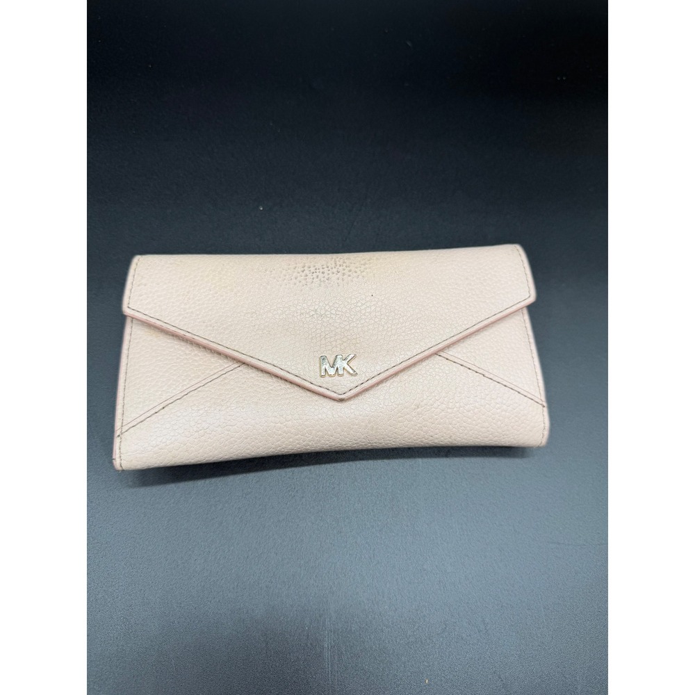 Michael Kors Pink Pebbled Leather Envelope Tri-Fold Wallet Gold Tone MK Logo